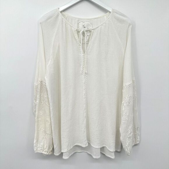 Cino Tops - Cino Top Shirt Size XXLarge Embroidered White Long Balloon Sleeve Sheer Blouse